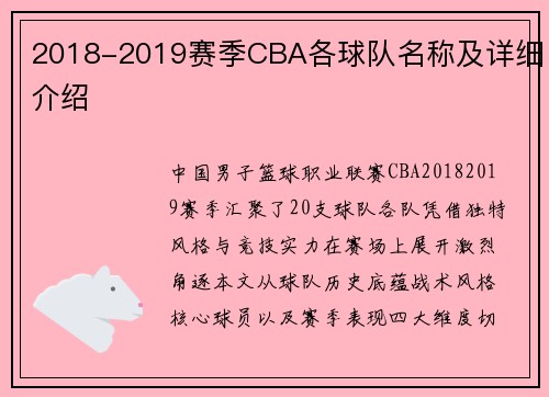 2018-2019赛季CBA各球队名称及详细介绍
